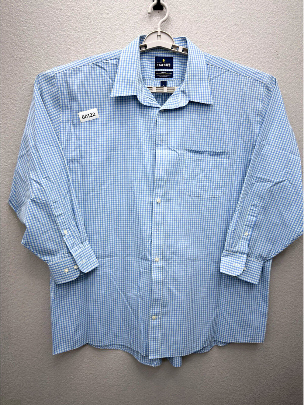 Stafford Travel Performance Tailored Fit Blue/Green Check Dress Shirt 19 34/35